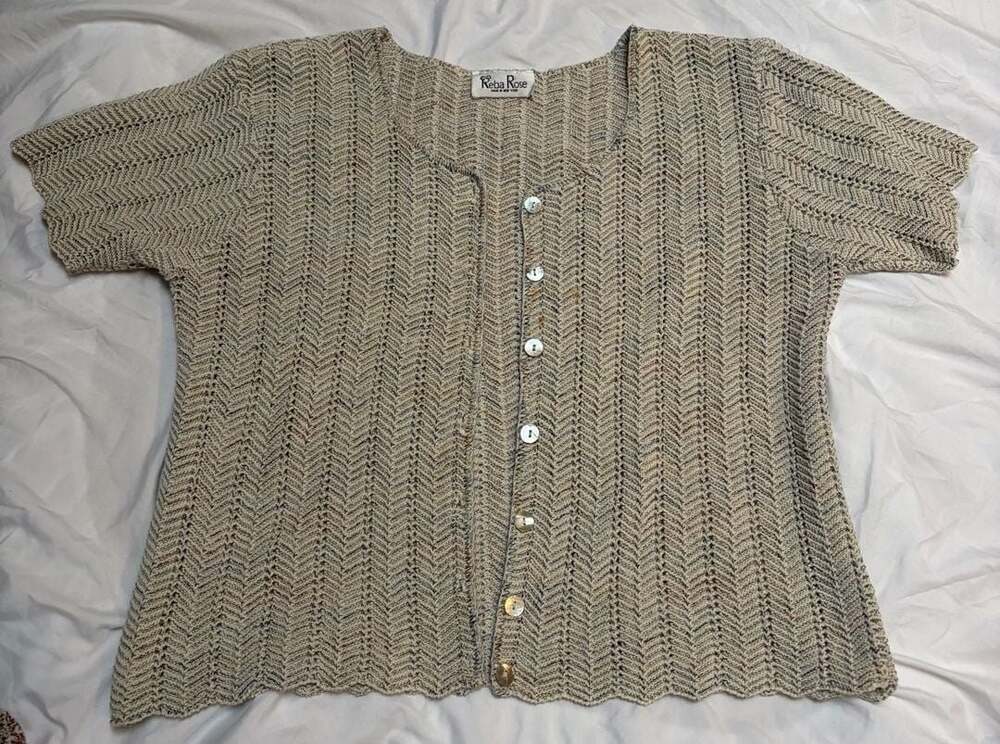 Vintage Reba Rose 100% Cotton Short Sleeve Button-Down Marled Knit Cardigan